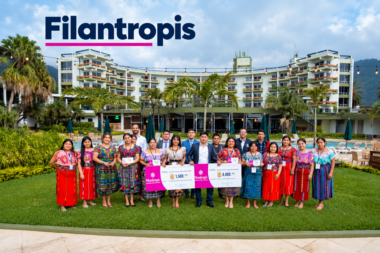 A group of people at a Filantropis event, with the organization name on the cover.